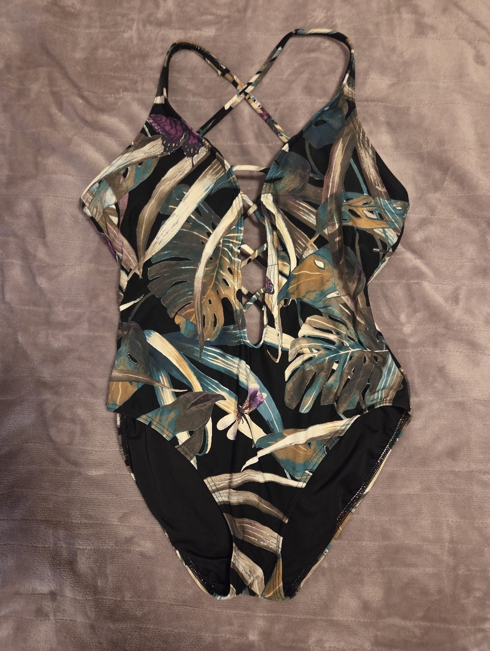 Vince Camuto Womens Black Tropical Print One-Piece Swimsuit